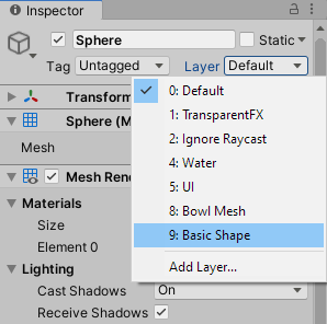 The Layer dropdown for the Sphere includes a Basic Shape option