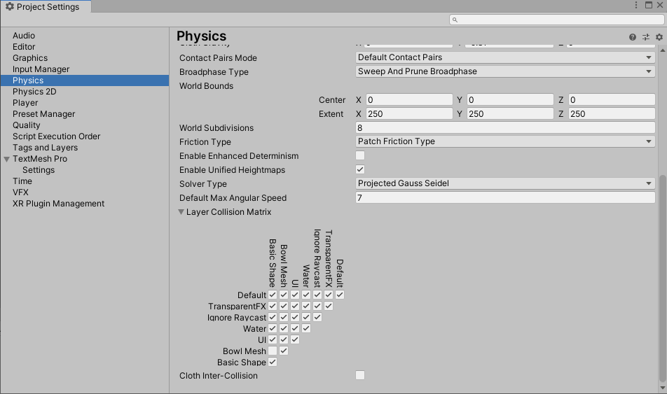 The Project Settings window includes a matrix for turning collisions on and off