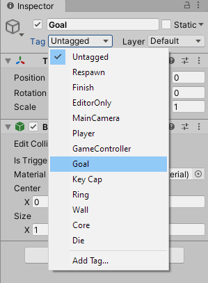 The Tag dropdown for the Goal object includes a tag called Goal