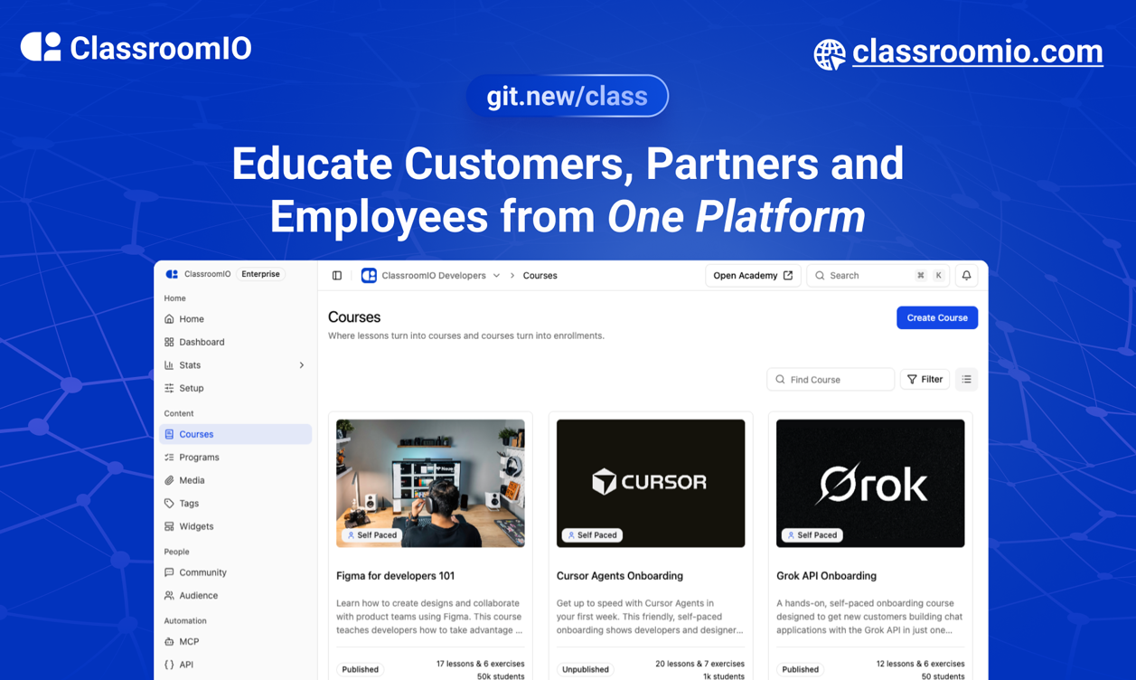 ClassroomIO is a no-code tool that allows you build and scale your online bootcamp with ease.