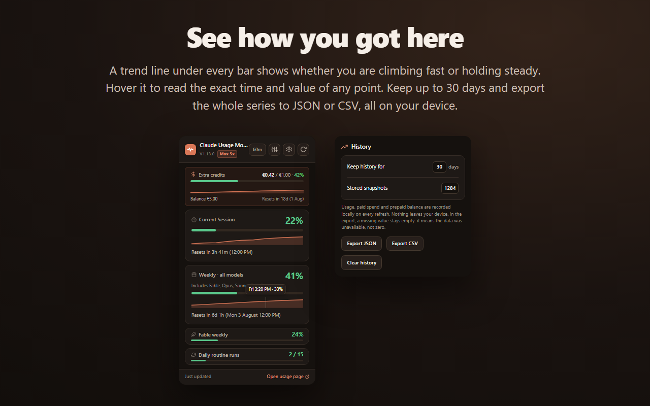 The popup trend line with the hover readout, next to the history settings panel