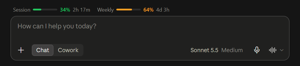 The usage bar above claude.ai's chat box, showing session and weekly usage with reset times