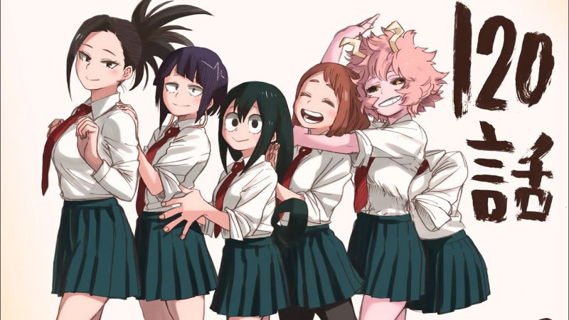 5 personagens do anime Boku no hero, todas estão sorridentes e em fila indiana e vestem roupas colegiais típicas do japão.