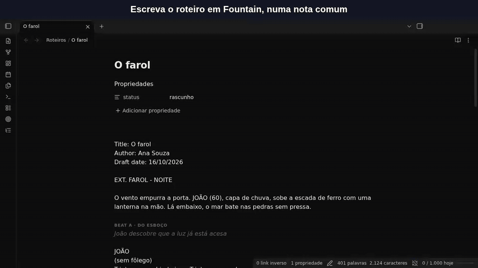 Exporting a screenplay, with captions in Portuguese: the script is plain Fountain in a note, the export window offers PDF or Fountain on US Letter or A4, the preview shows the title page and a speech breaking across pages with (MAIS) and (CONT.), and the PDF opens in Obsidian.