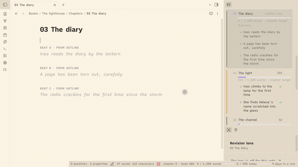 Escrita screenshot — Writing under the outline: a chapter's planned beats show as faint labels in the editor. Typing under one ticks it off, with smart typography applied as you type. A new beat is added from the outline.