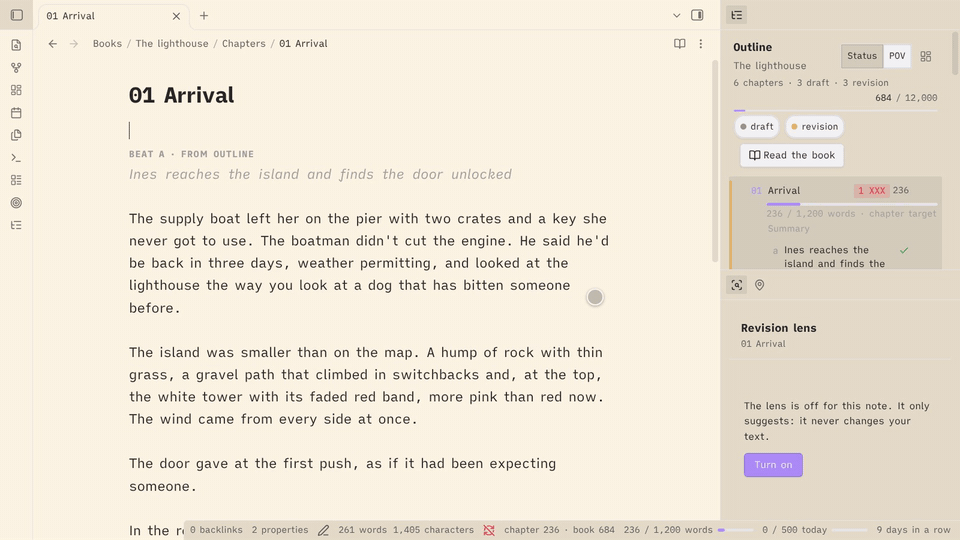 Escrita screenshot — Publishing a chapter: "Publish next chapter" stops on a placeholder. The line is written and the chapter published, then the book is exported as an EPUB with a preview.