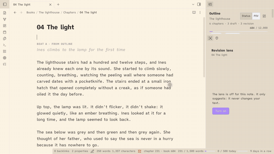 Escrita screenshot — Revising a chapter: the revision lens underlines echoes and a misspelled name, a paragraph goes to the darlings and the chapter is compared word by word with its first draft.