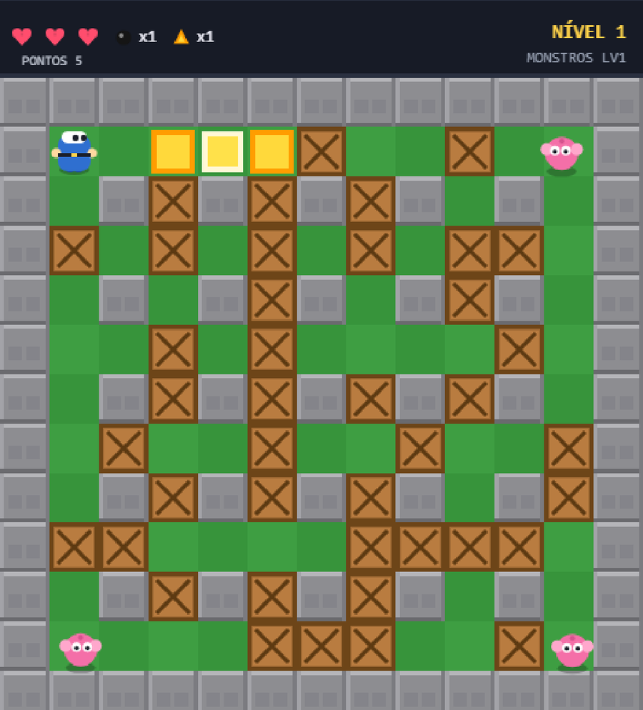 BomberHero running in the browser: the 13x13 grid, the HUD with lives and power-ups, and an explosion in progress