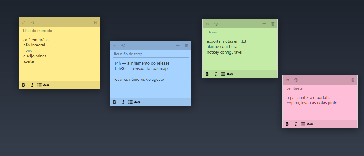 Four MyOpenPins notes in yellow, blue, green and pink, each a floating window with a title, a text area and a formatting bar; the yellow one is pinned always-on-top