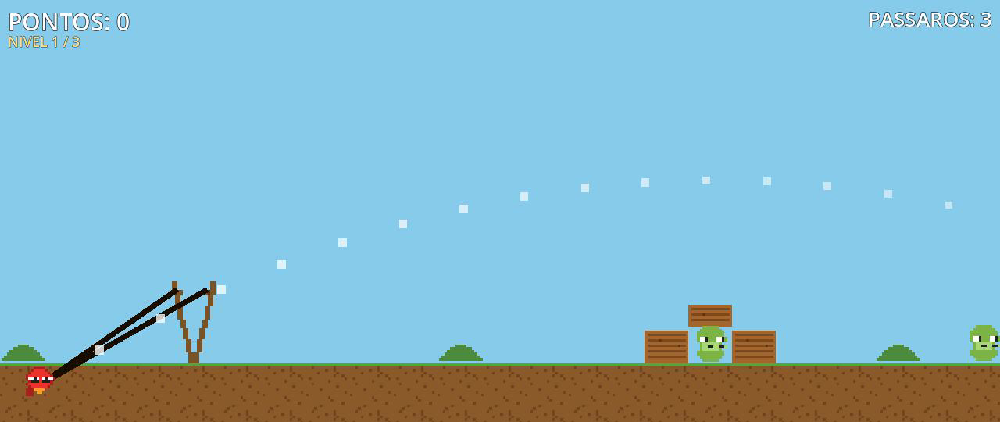 One Shot Bird: the bird pulled back on the slingshot, the predicted trajectory arcing across the sky, and a pig sheltered inside a wooden structure