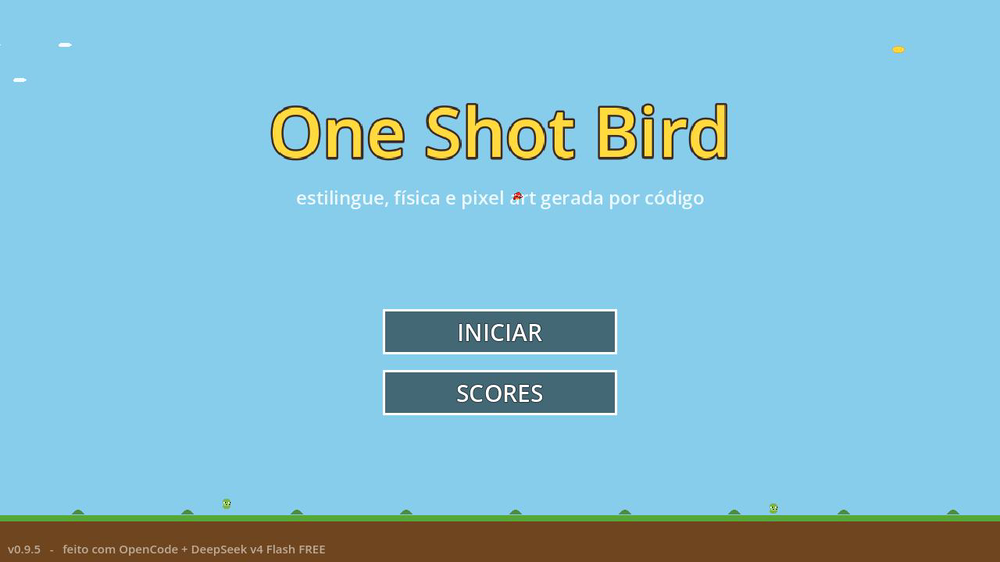 The title screen, animated: clouds drifting, a bird flying past and pigs hopping along the ground