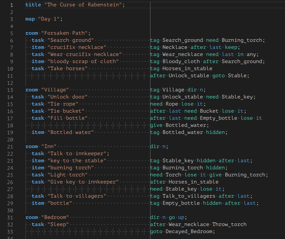 Screenshot of the IFM file _The Curse of Rabenstein_ opened in VS Code. It shows the first 32 lines of the file in order to showcase syntax highlighting.