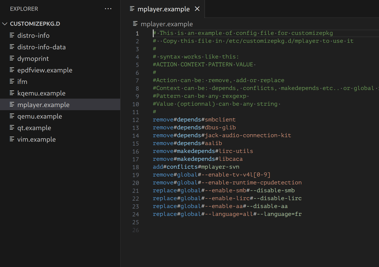 Screenshot of a customizepkg-style patch file opened in VS Code with the Packaging extension installed, showcasing support for syntax highlighting.
