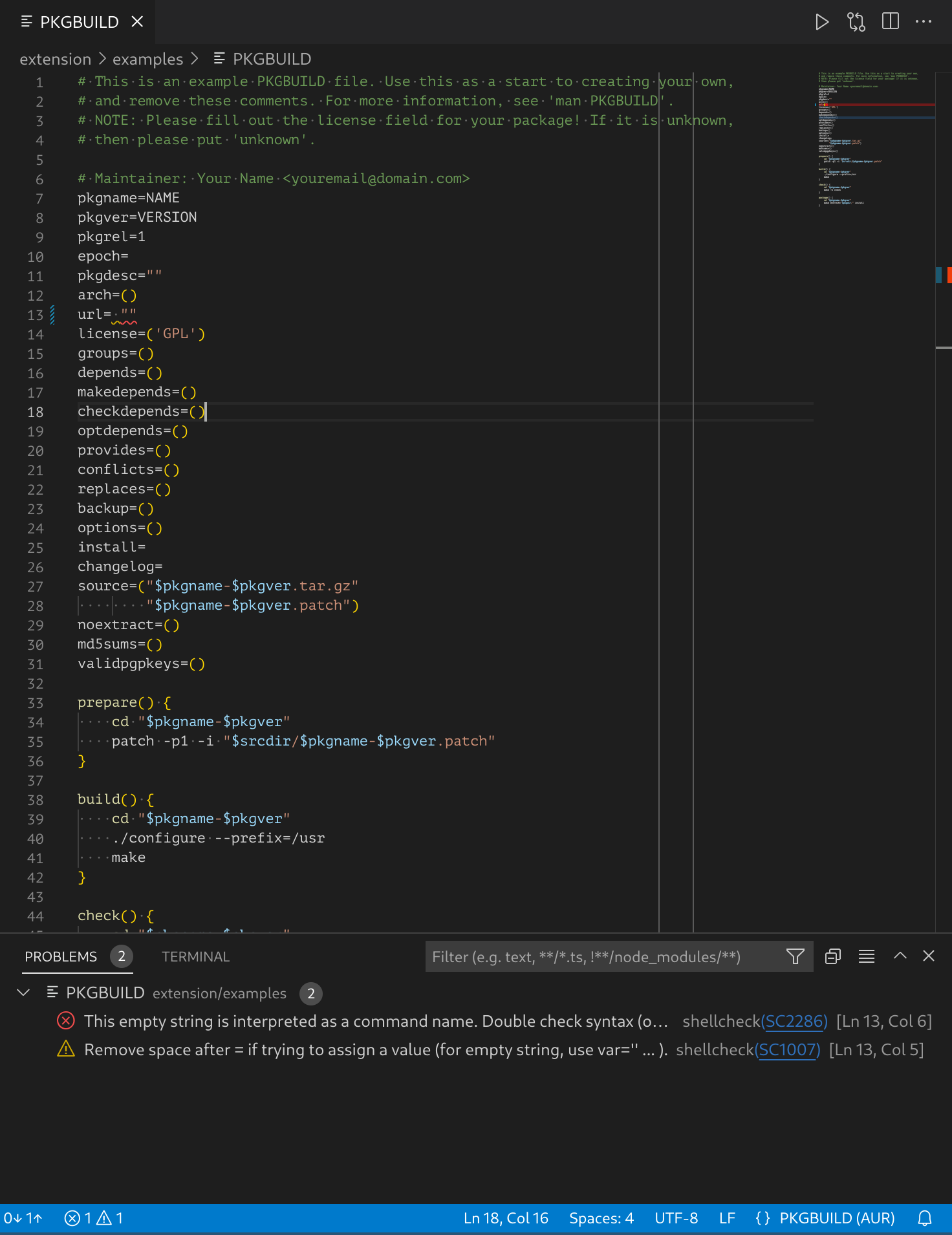 Screenshot of a PKGBUILD file opened in VS Code with the Packaging extension installed. The screenshot now only shows the two ShellCheck findings which are actual mistakes in the PKGBUILD.