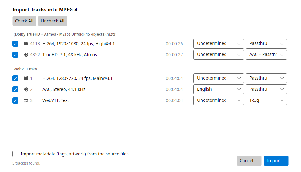 Importing a Blu-ray M2TS and an MKV into one MP4
