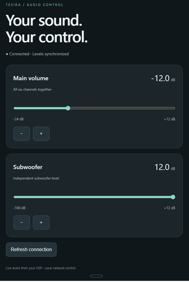 Tesira Web Control dashboard with main volume and subwoofer sliders
