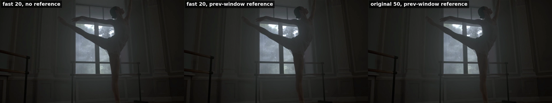 Three renders of the 99-frame long video at −4 EV: no window reference, previous-window reference at 20 steps, previous-window reference at 50 steps