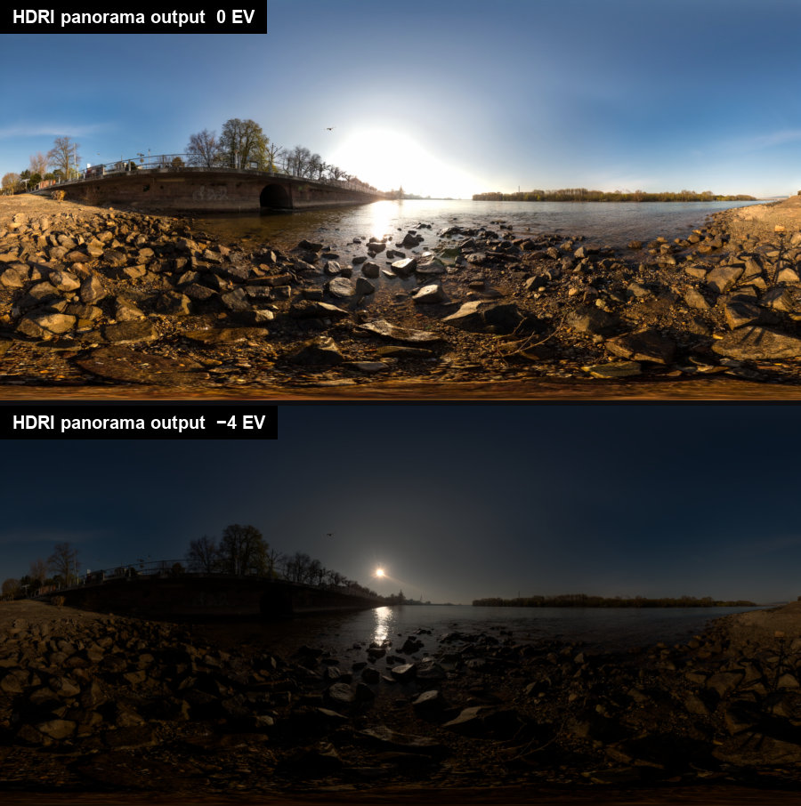 An HDRI panorama output at 0 EV and −4 EV
