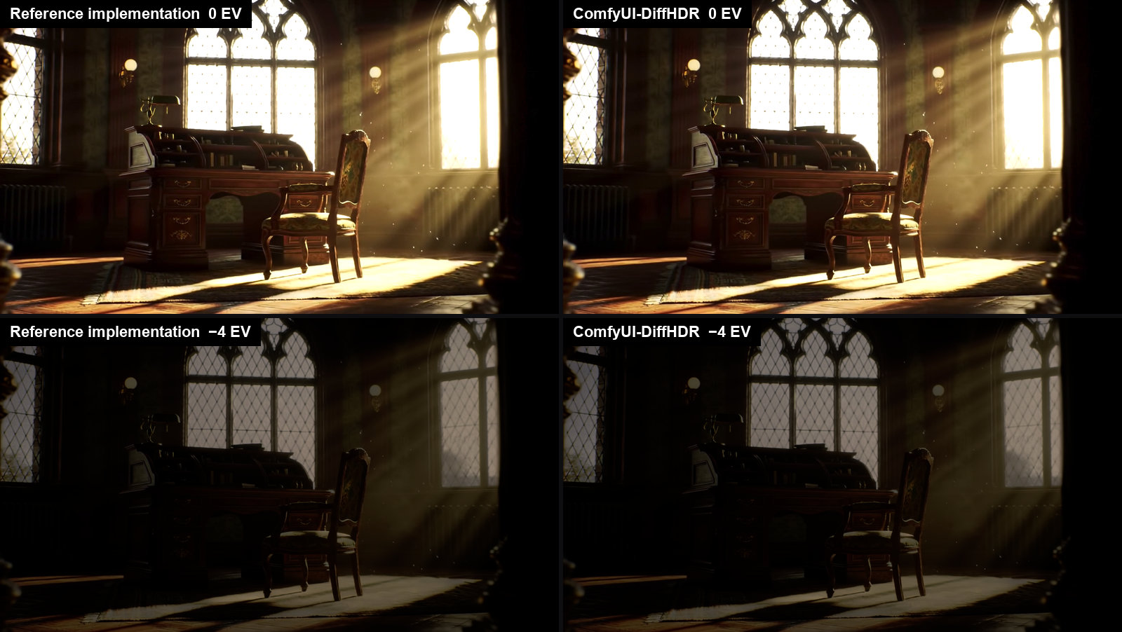 The reference implementation and this pack on the same frame, at 0 EV and −4 EV