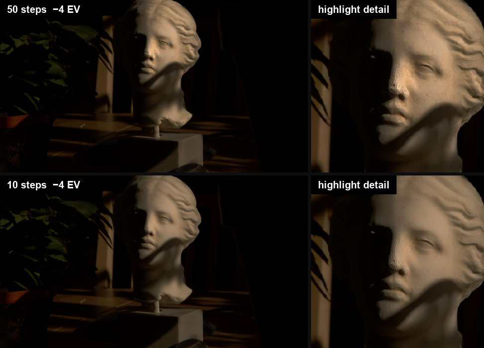 The same frame reconstructed with 50 and with 10 sampling steps