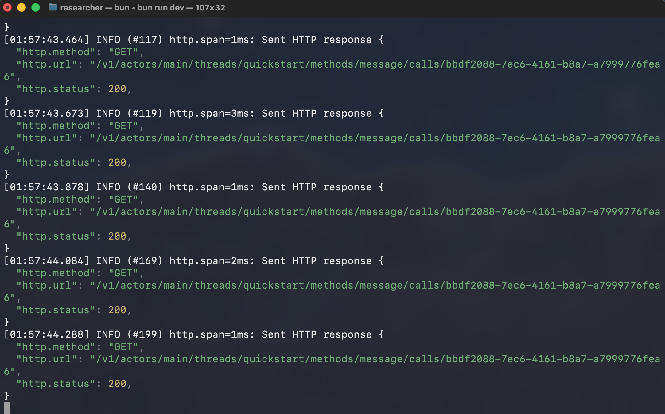 An actor serving API requests from its generated Bun development server