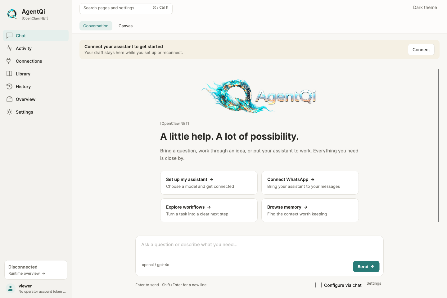 AgentQi Companion for OpenClaw.NET: chat welcome screen, setup shortcuts, navigation sidebar, and Configure via chat option