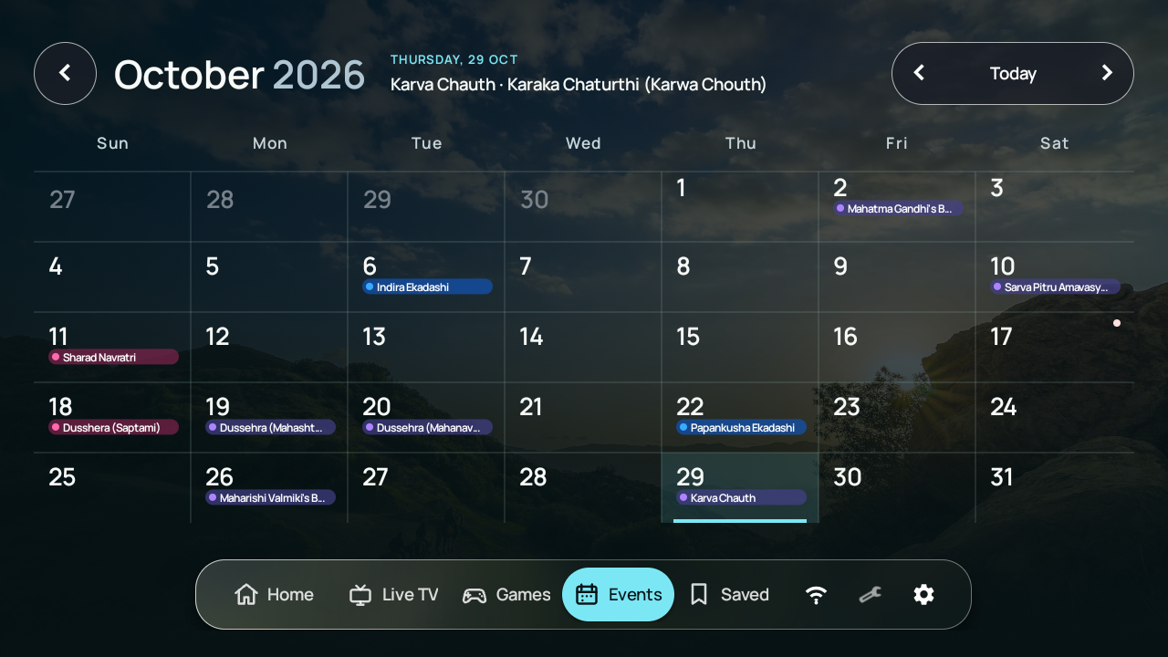 Monthly events calendar with selected-day details and lunar illumination