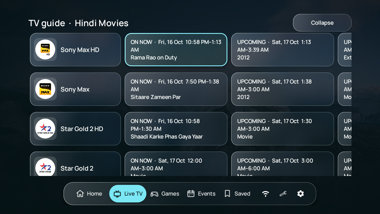TV programme guide showing current and upcoming programmes