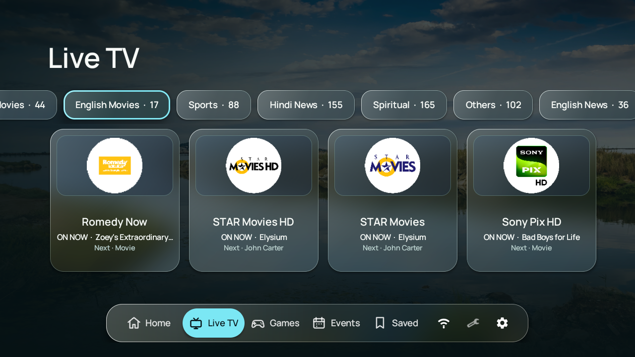 Live TV channels grouped by category