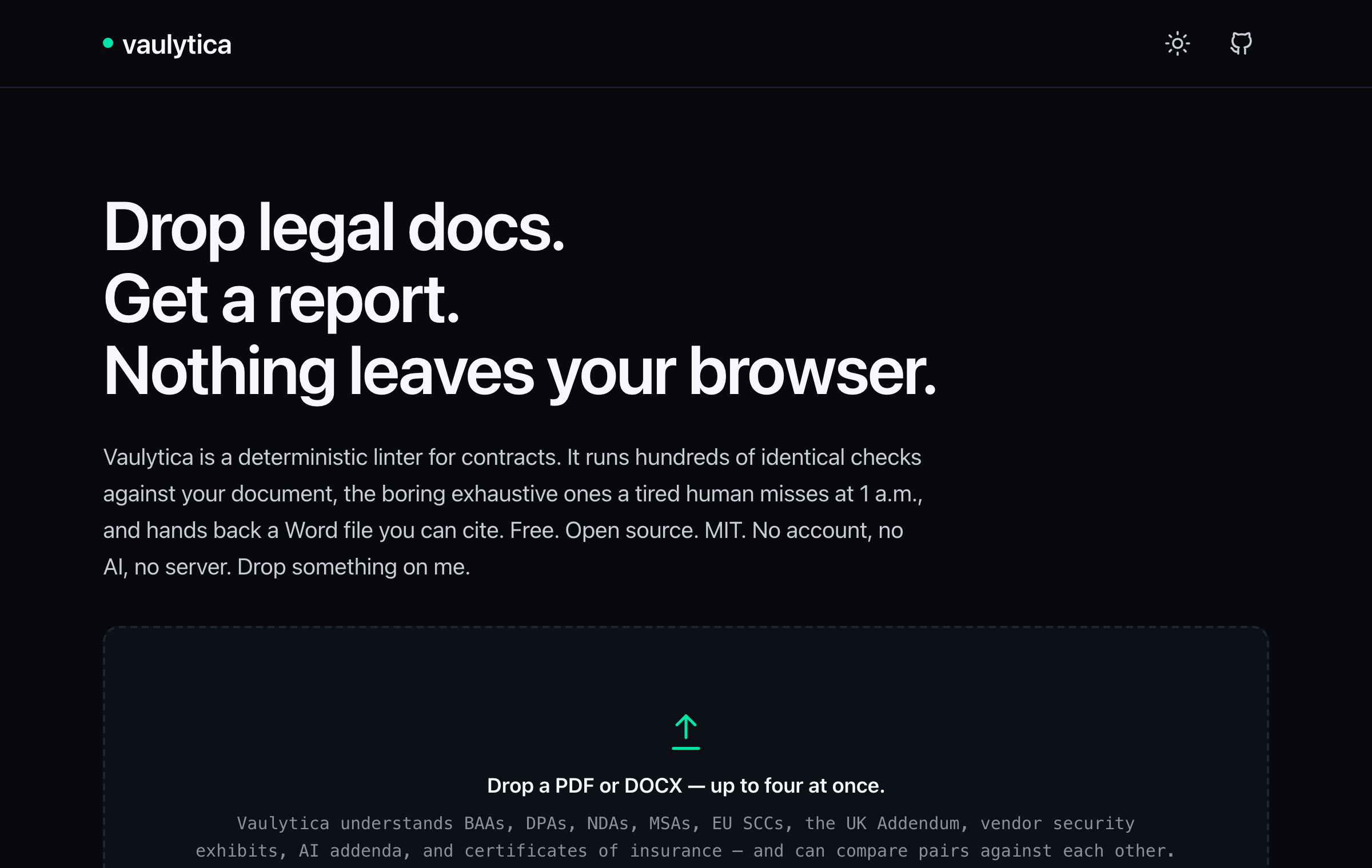 Vaulytica landing page — "Drop legal docs. Get a report. Nothing leaves your browser."