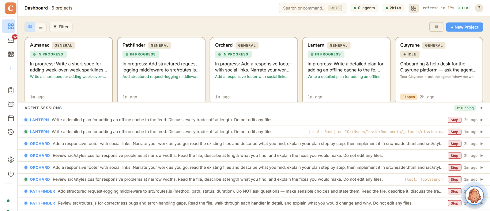 The dashboard — five projects, with every running session listed underneath