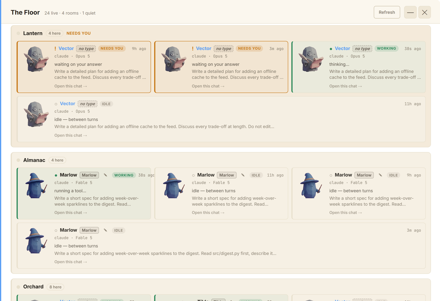 The Floor — every live agent, grouped by project