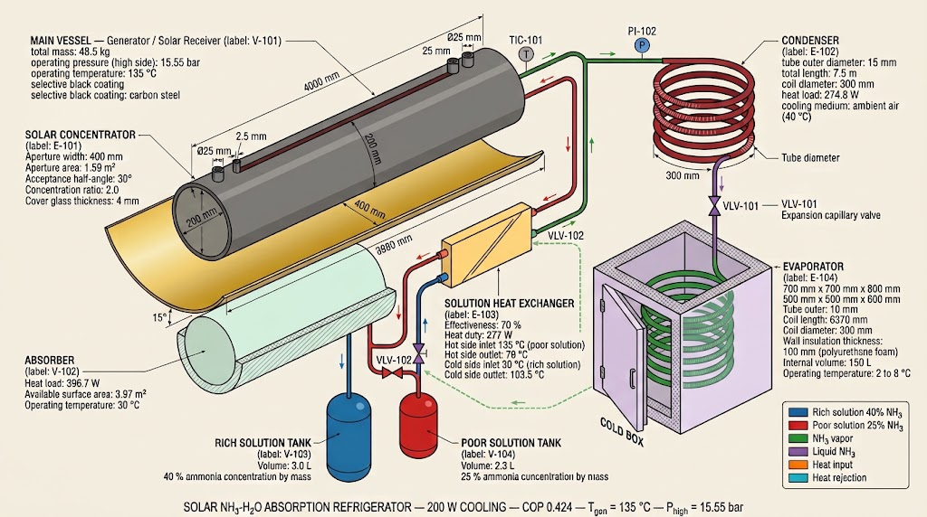 Solar Absorption Fridge — Engineering Diagram