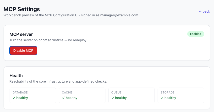 MCP settings — runtime toggle and system health