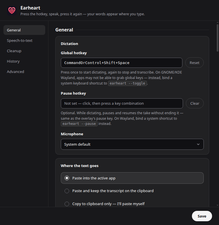 Earheart settings window
