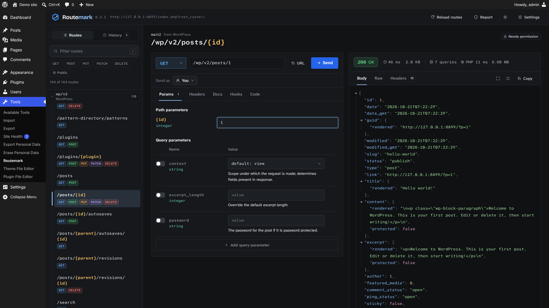Sending a request to /wp/v2/posts/{id} with the JSON response next to it
