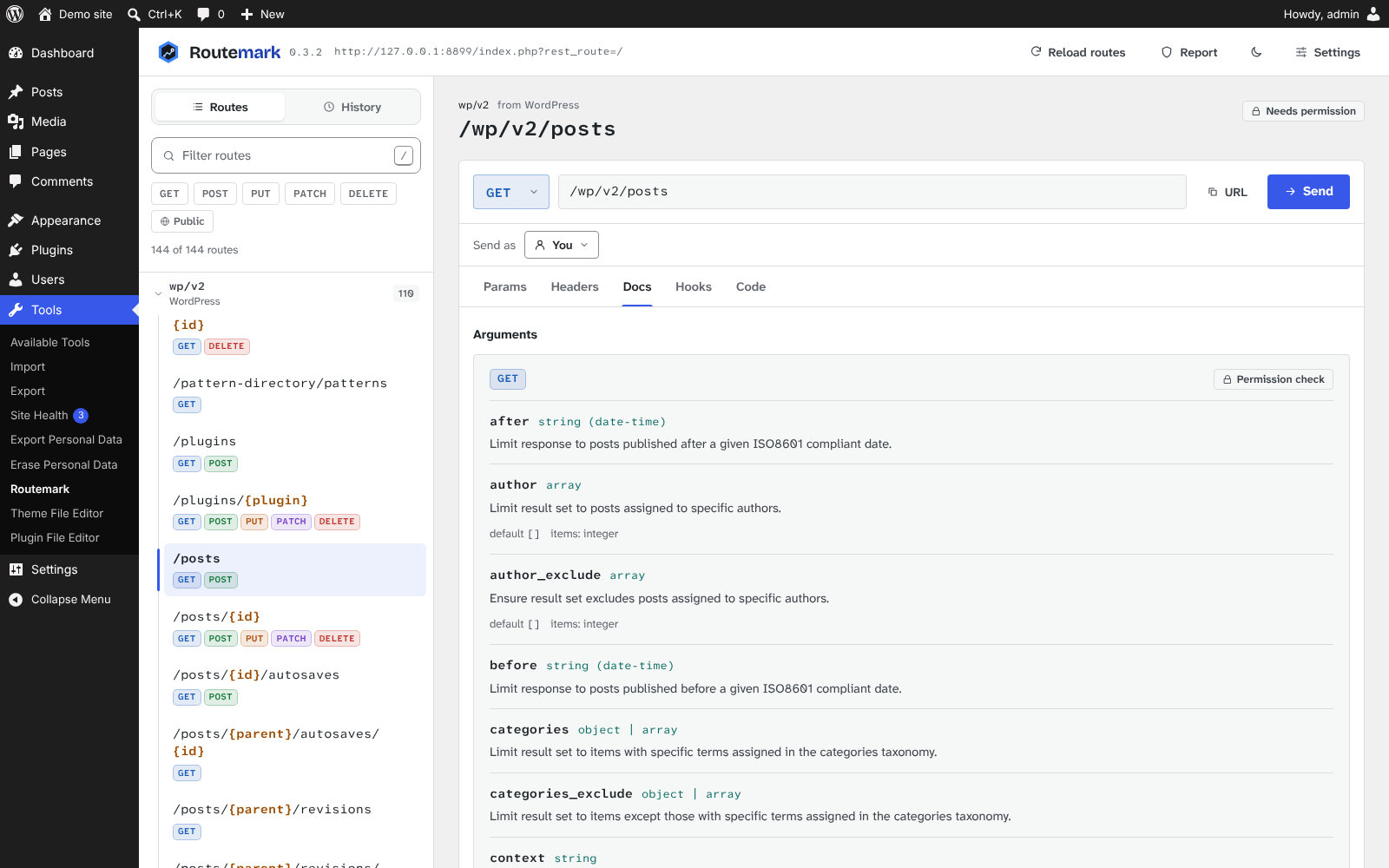 Docs tab with arguments for /wp/v2/posts
