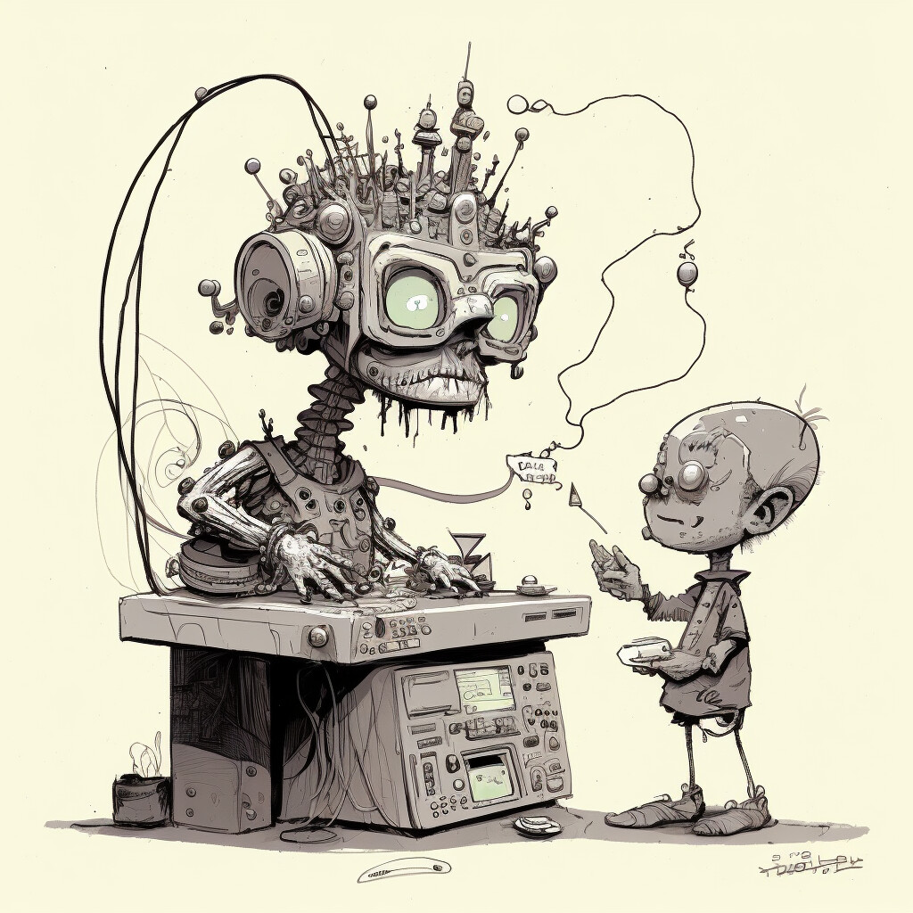 Retro cybernetic puppetmaster controlling a pinocchio puppet that is working on a computer, retro mainframe aesthetic