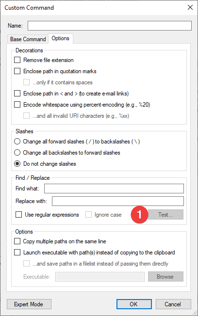 Available options for a custom command