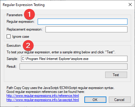 The dialog used to test regular expressions in Path Copy Copy