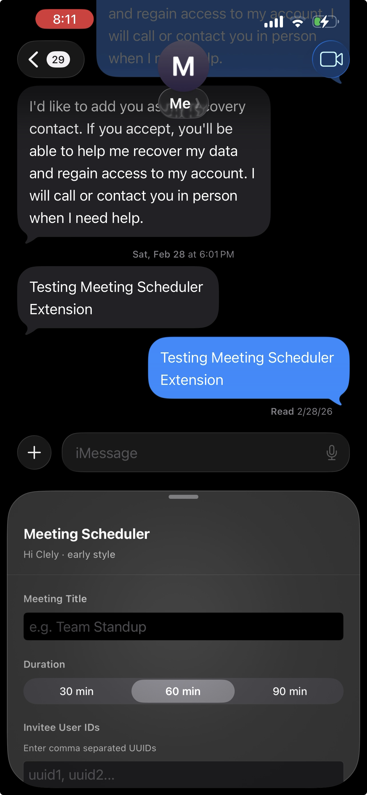 Meeting Scheduler UI inside iMessage