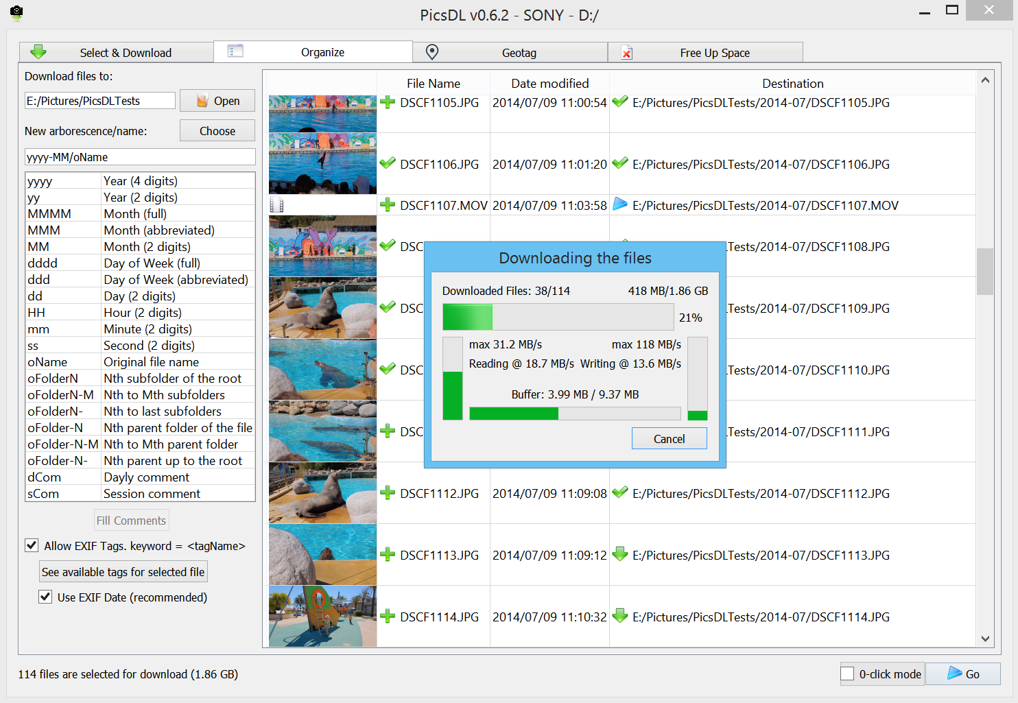screenshot of PicsDL downloading Pictures from a memory card