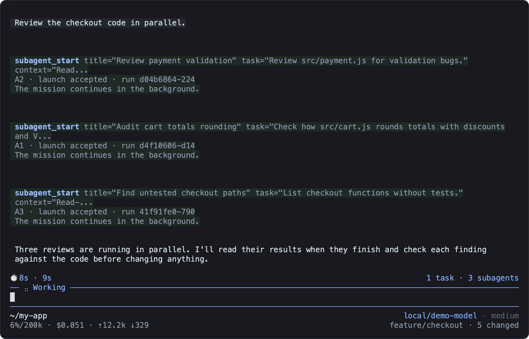 Run timer on the left, task and subagent counters on the right