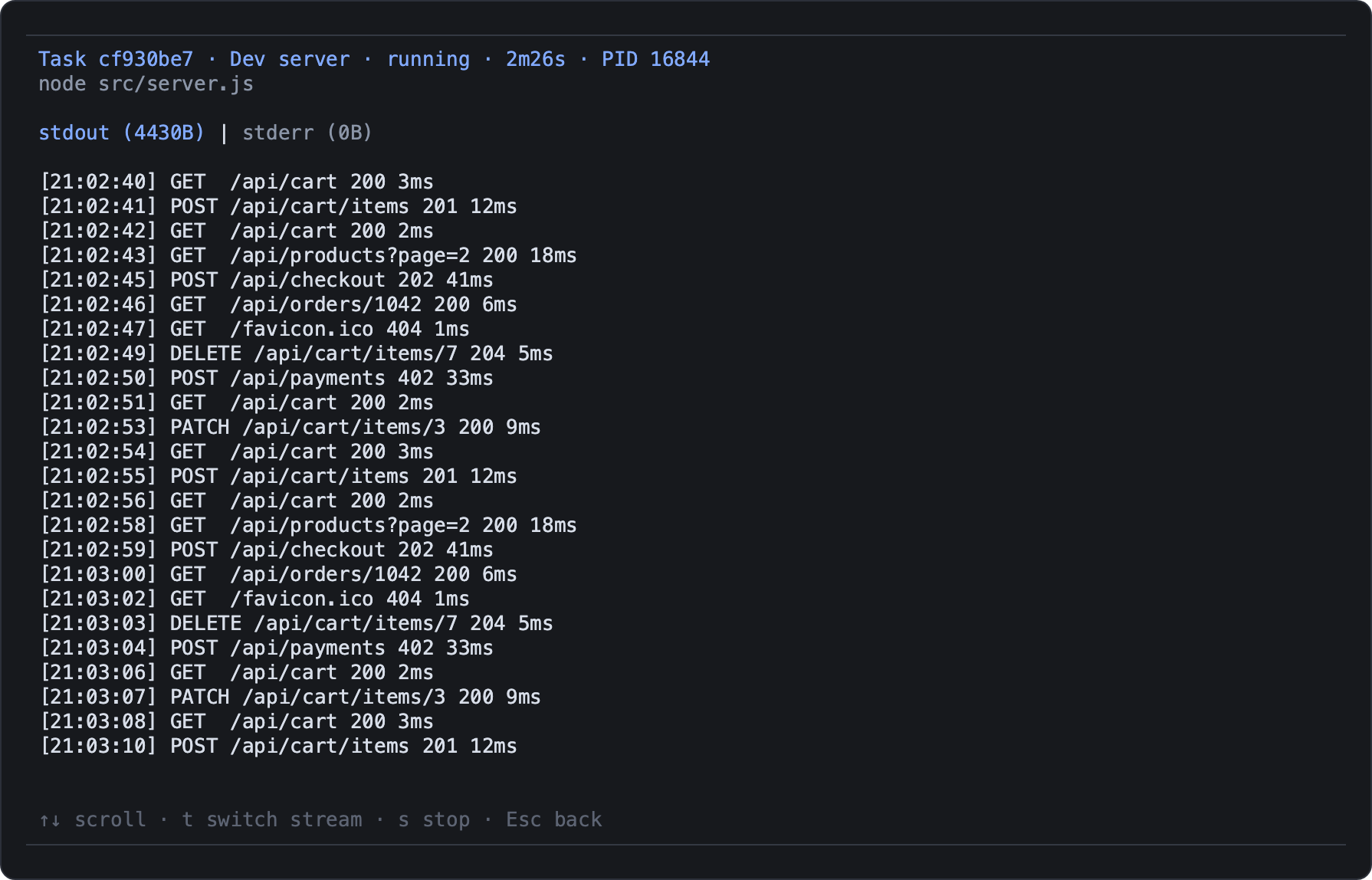 Live stdout of a running dev server