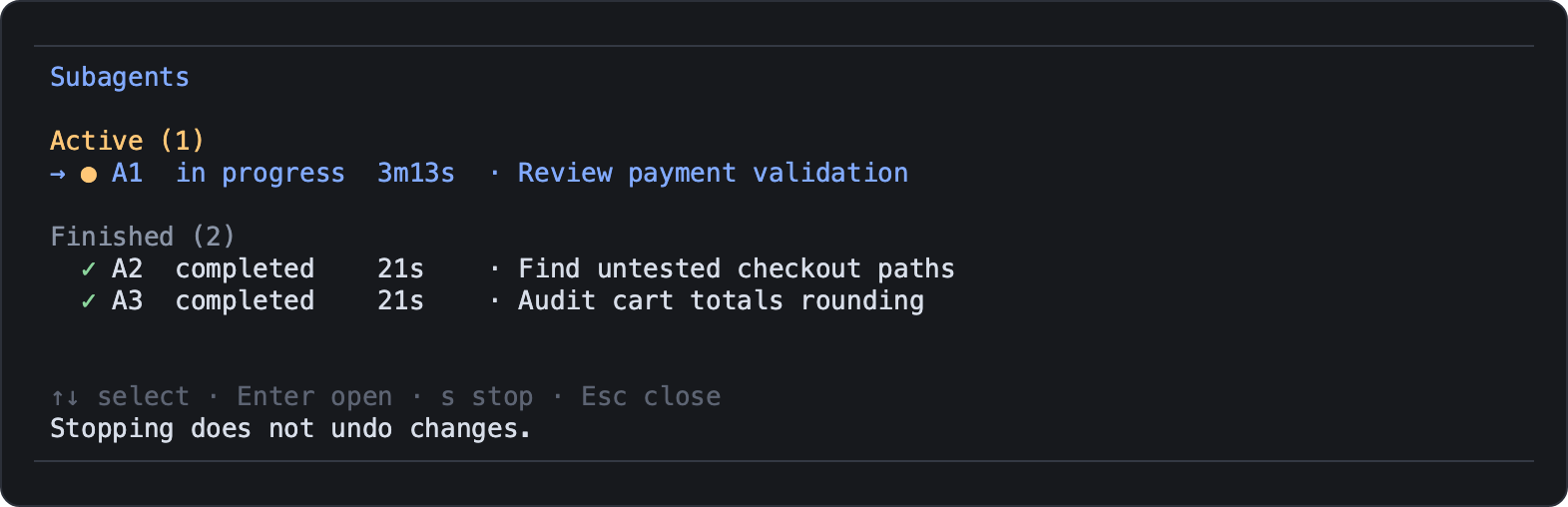 /subagents list with one active and two finished missions