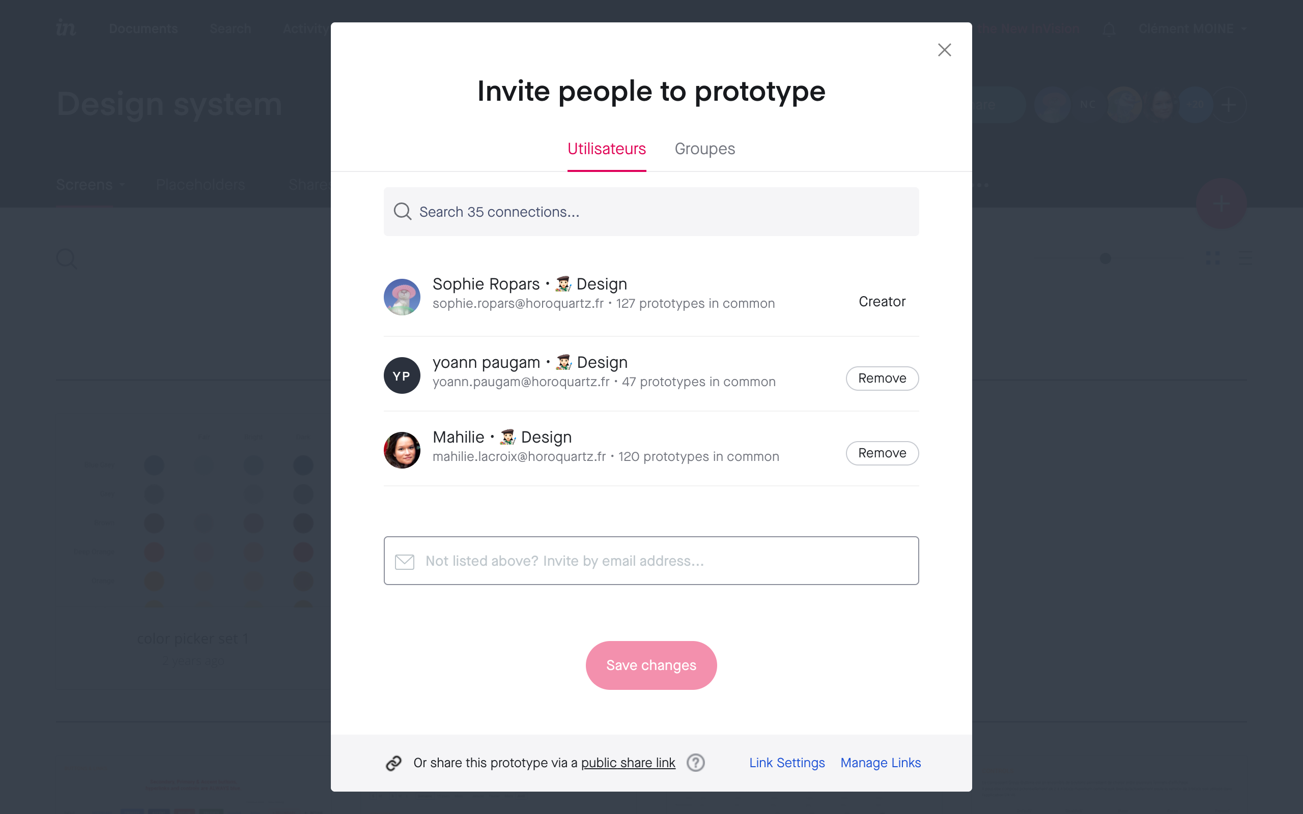 Screenshot of the classic users list of the InVision invite modale located under a "Users" tab.