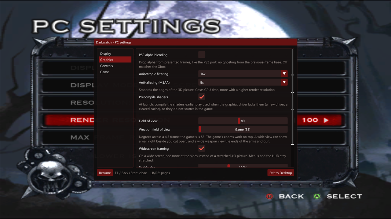 The F1 PC settings menu, Graphics page