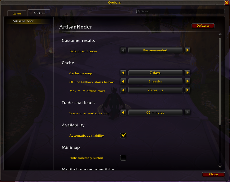 ArtisanFinder options