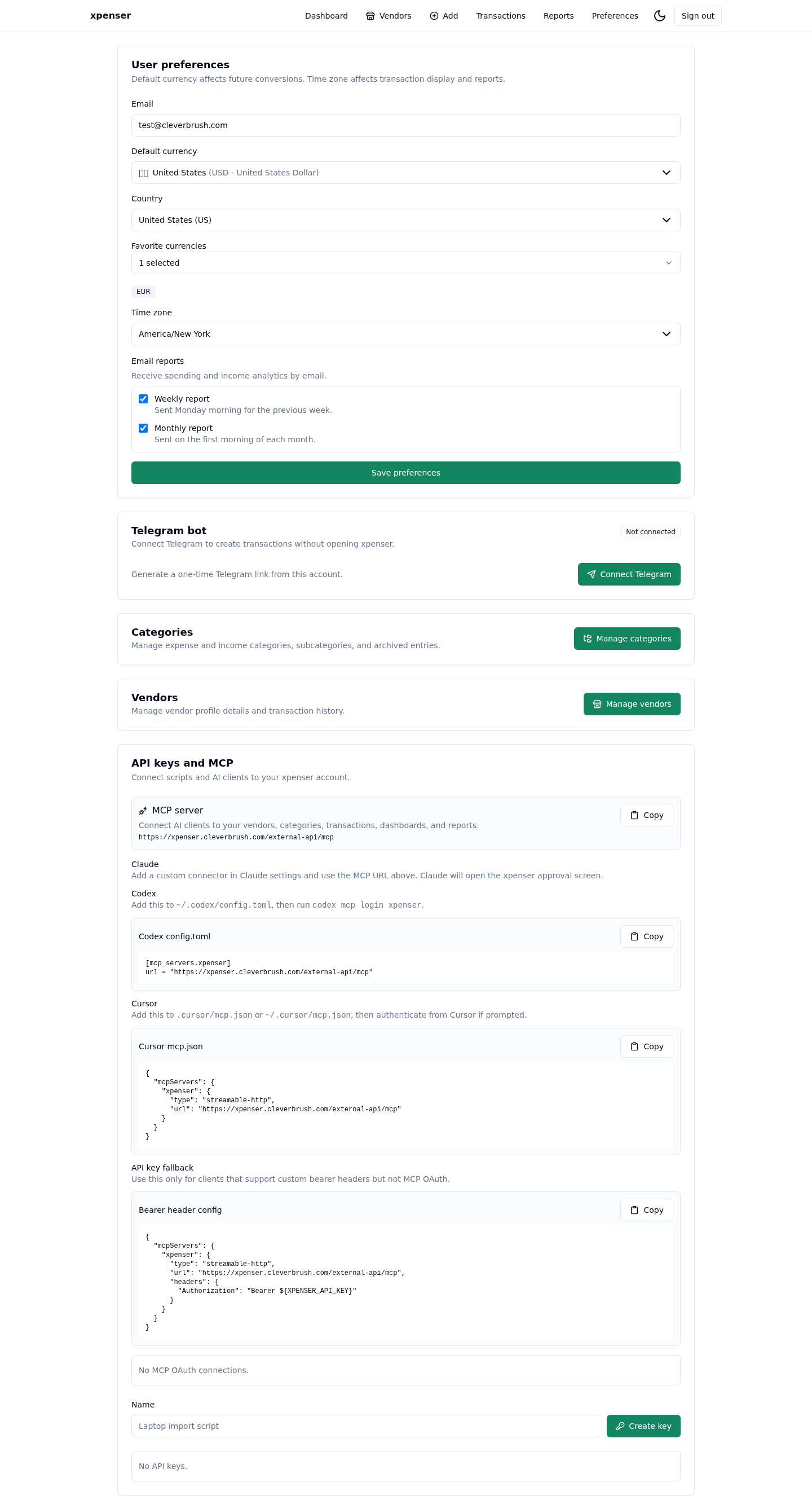 xpenser preferences with email reports, API keys, and MCP settings
