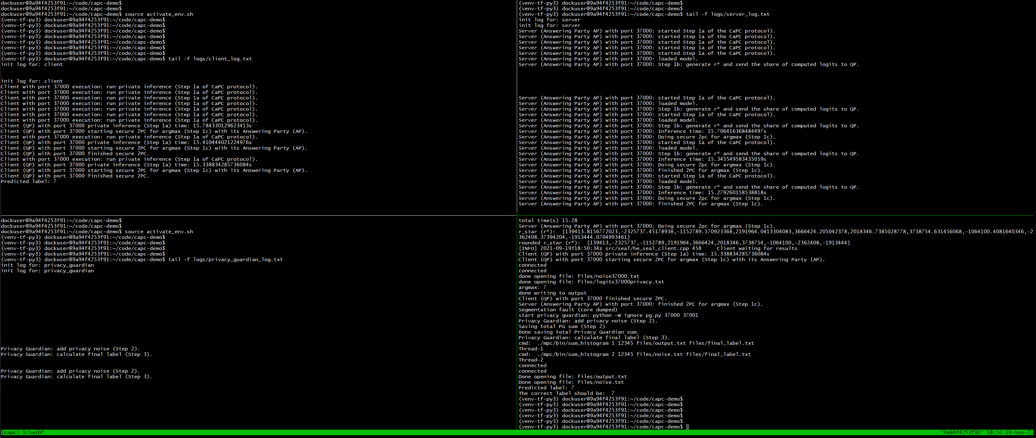 Example output from the execution of the CaPC demo.